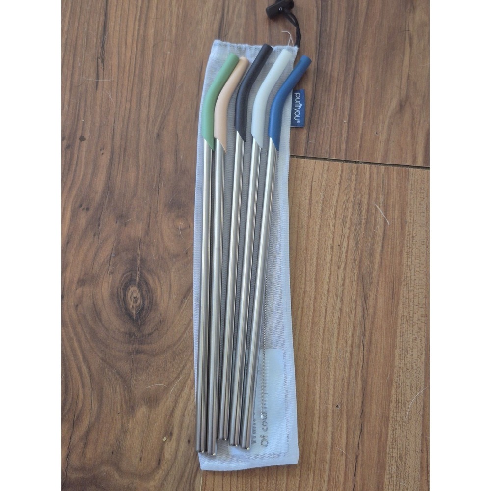 purifyou 14.5" Stainless Steel Reusable Straws Silicone Tips Stanley S17 6pc Set